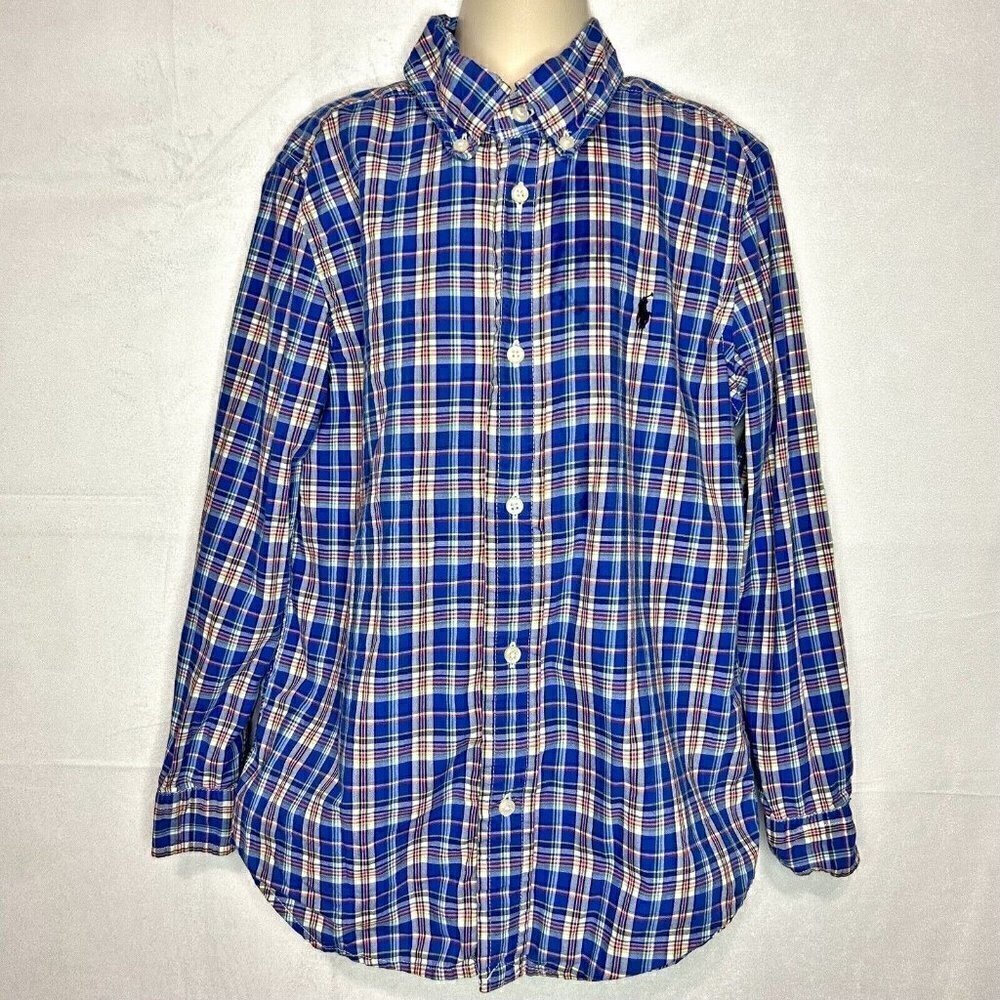 Ralph Lauren Boys Tops Button Down Shirt 7 Blue Plaid Cotton Pony Logo